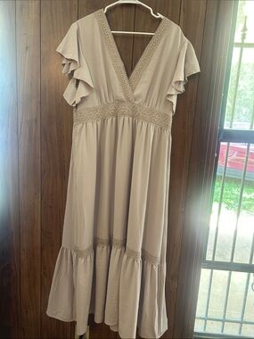 Neutral Taupe Ruffle Sleeve Maxi Dress